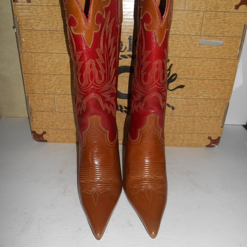 7 B Lucchese Charlie 1 Horse, Cognac Leather Sole Stiletto Heel Boots Woman's